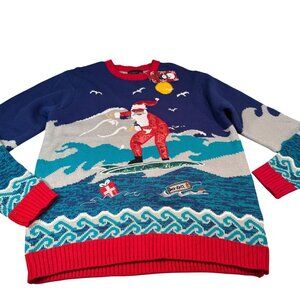 Blizzard Bay Santa Surfing Wave Ugly Christmas Sweater Mens Crew Neck